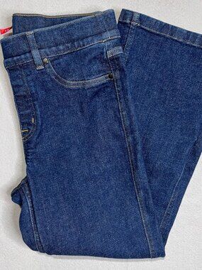 Spanx Jeans On-the-Go Kick Flare Pull On Petite Size L Raw Indigo Style 20699Q